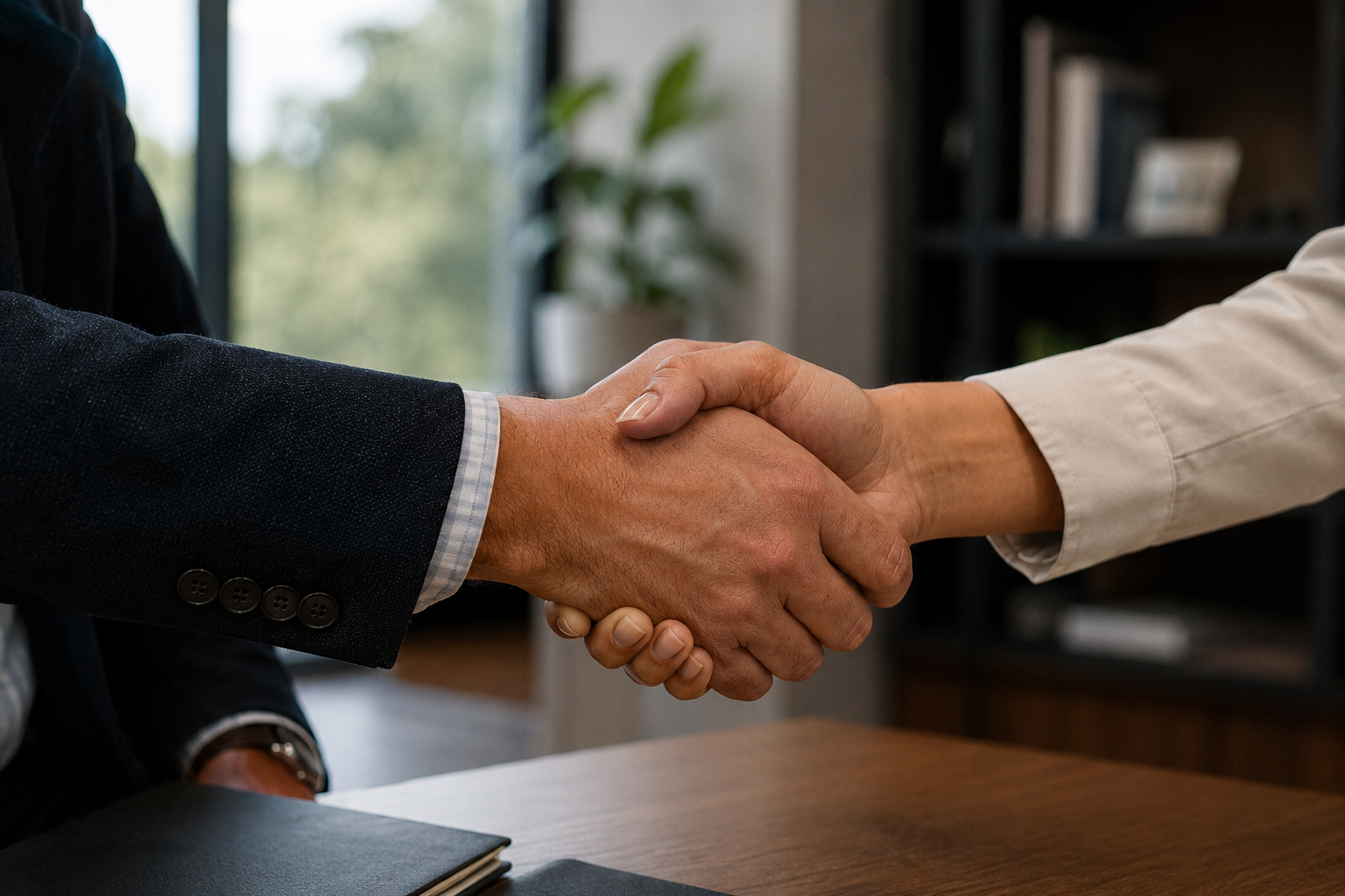 An executive leader shaking hands with their employee after receiving leadership coaching from Deepklar.